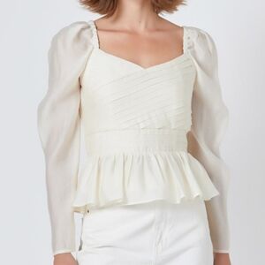 P16" NWT Endless Rose 🌹 Statement Ruffle Cream Peplum Long-sleeve Blouse